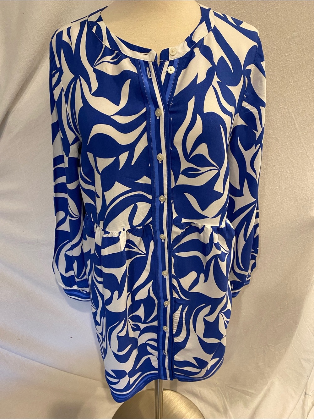 LOFT Blue and White Printed Button-Front Dress